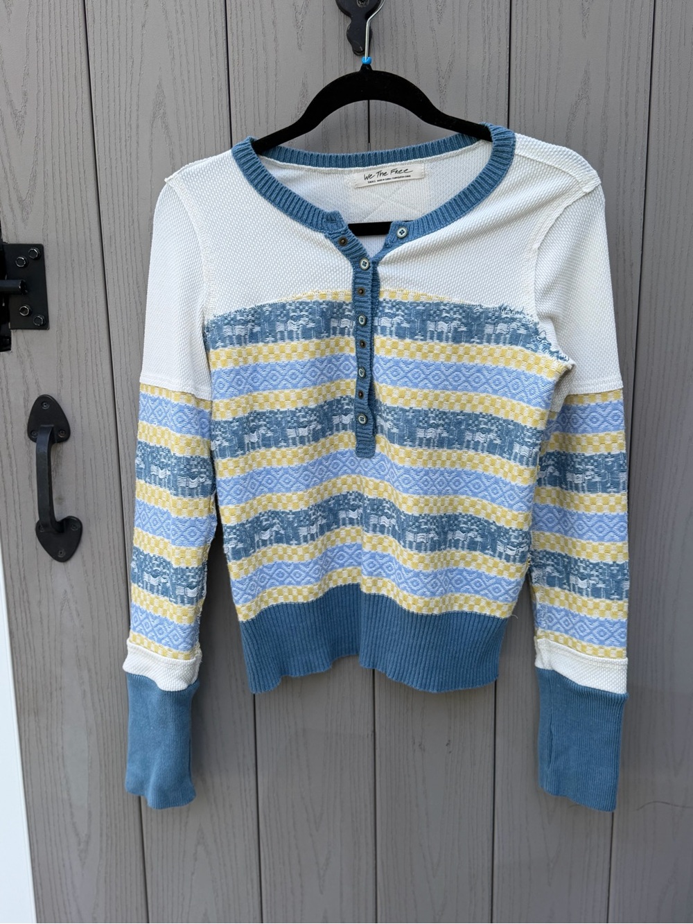 We The Free Blue, Yellow & White To the Wood Henley Waffle Knit Top